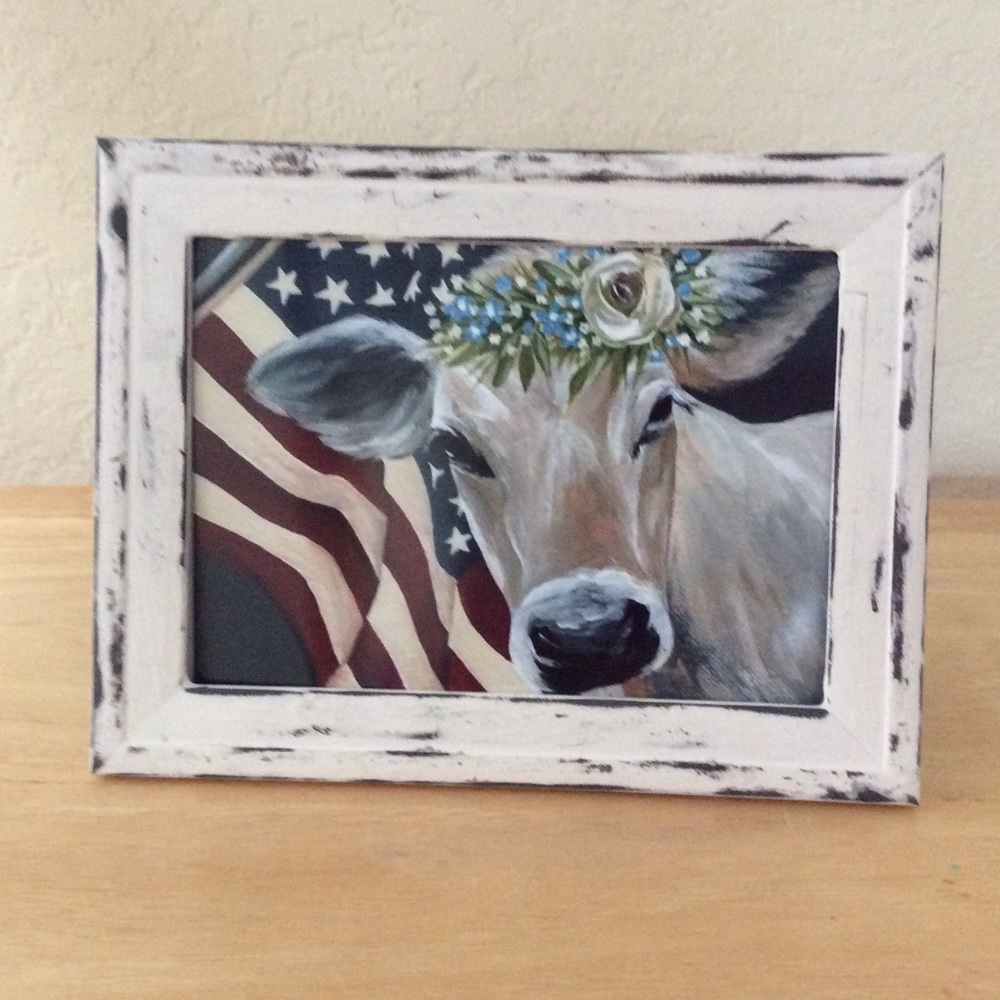 Farmhouse Americana cow picture 5x7 w/frame